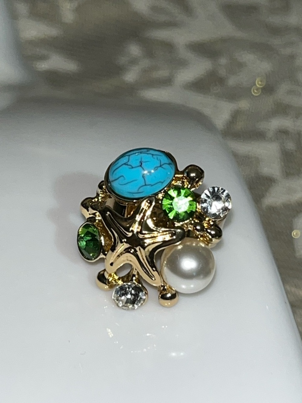 Gold Starfish Cluster Ring with Turquoise, Green Crystal & Pearl Adjustable NEW